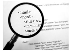 A magnifying glass over HTML code 